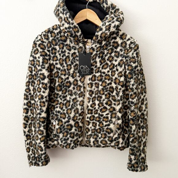CHASER | Faux Sherpa Leopard Fur zip up Hoodie Jacket Hood Animal Print | Small - Picture 3 of 8